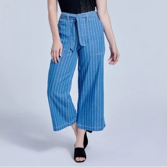 Seven7 Pants - Seven7 Cropped Striped Wide Leg Cotton Tencel Pants Mystical Blue Size 12